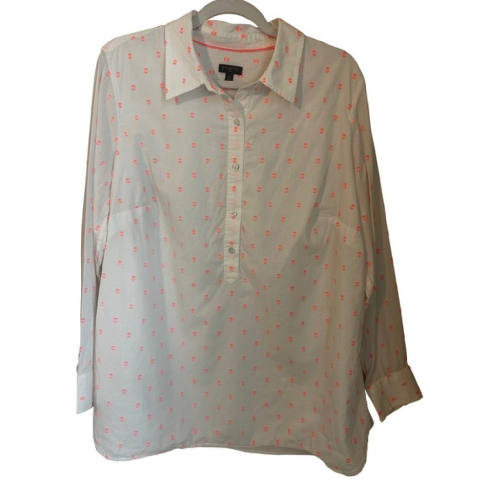 Talbots NWOT Size 1X White Neon Pink Clip Dot Cotton 1/2 Button Popover‎ Shirt